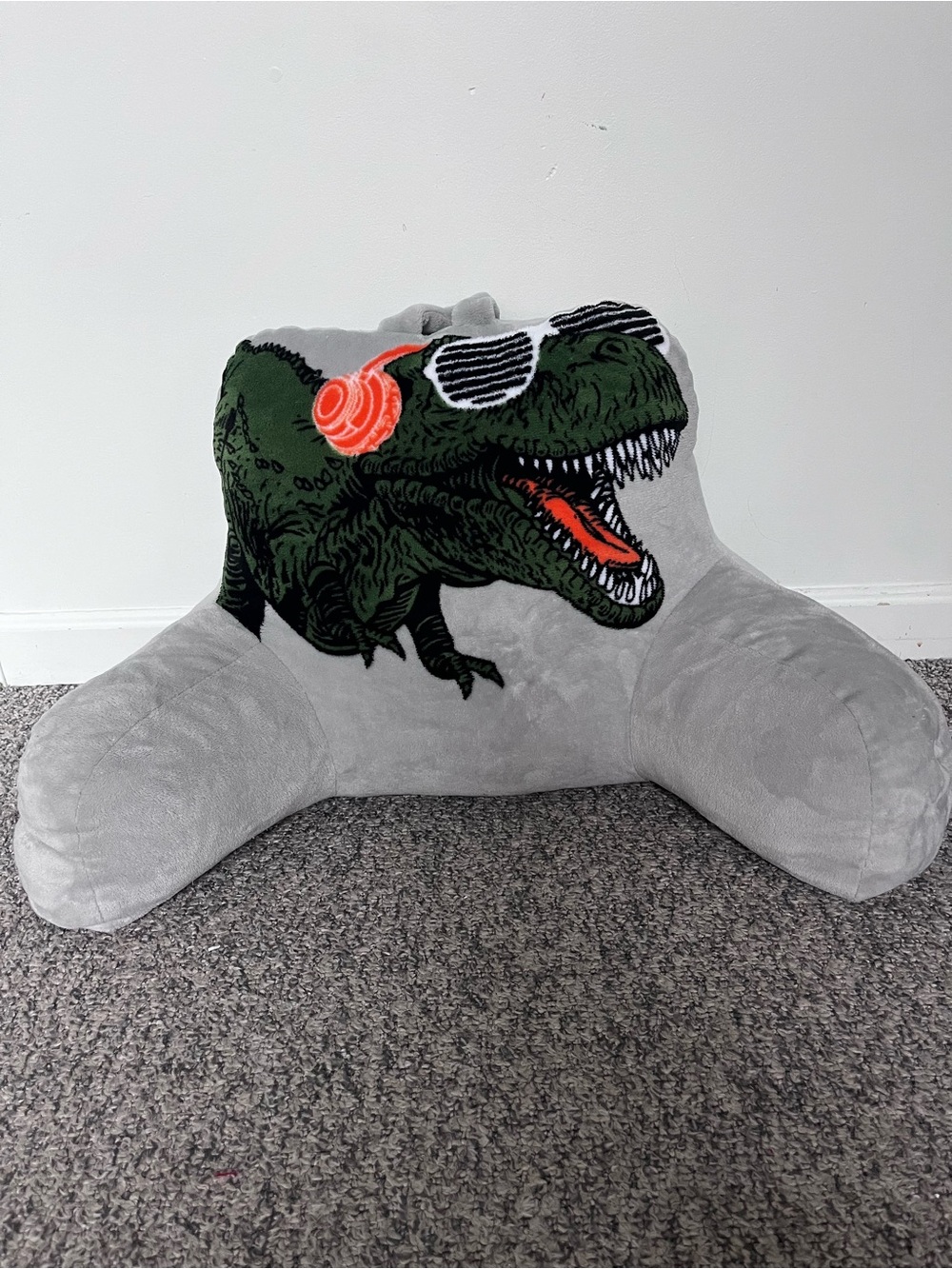 Gray Dinosaur Backrest Pillow with Green T-Rex Graphic